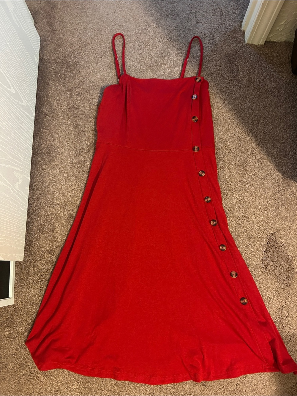 Red Button-Accent Spaghetti Strap Dress